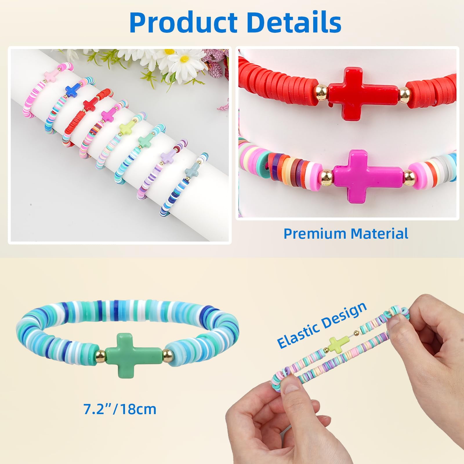 Cross Bracelets 48Pcs Bulk Jesus Bracelets Handmae Elastic Colorful Polymer Clay Beaded Wristbands Christian Bracelet for Women Sunday Inspirational Reminder Christmas Stocking Stuffer