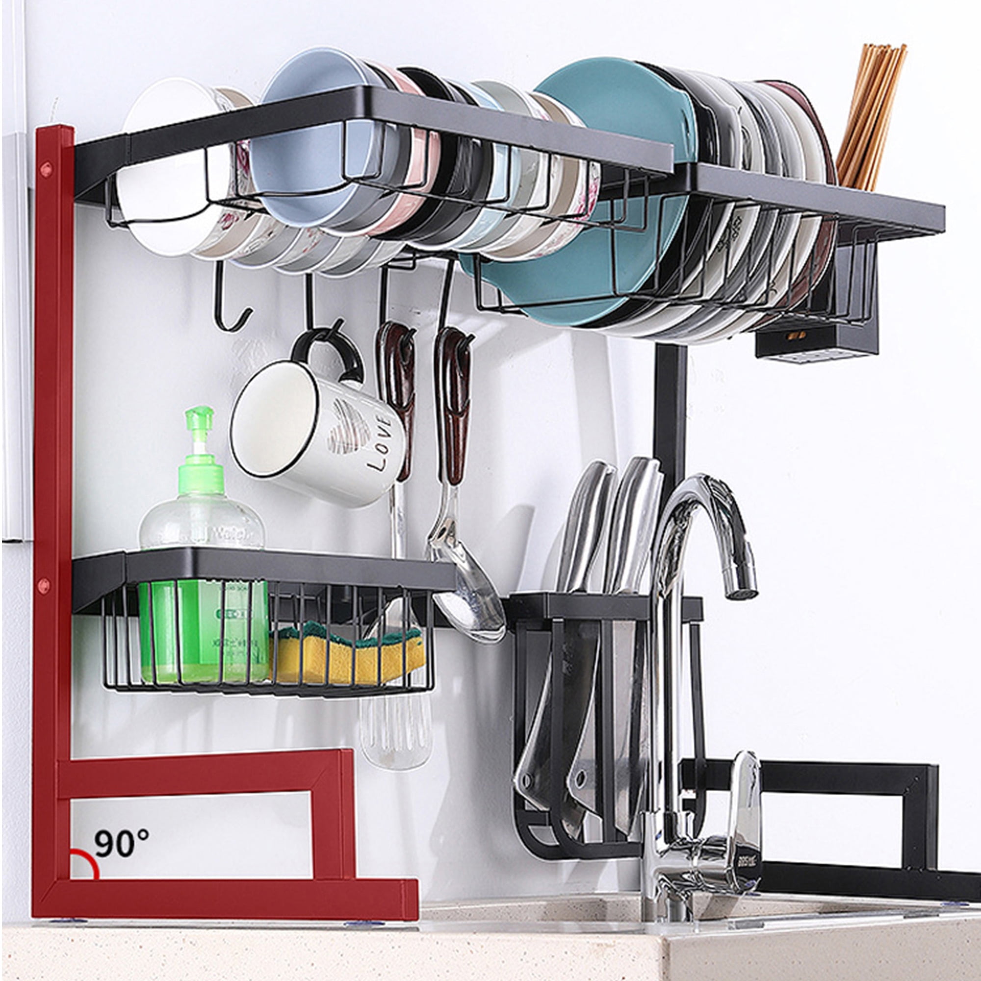 Lelinta Kitchen Over The Sink Dish Drying Rack,201 Stainless Steel Dish Rack with Utensil Holder Hooks & Cup Hanging-Non-Slip Dish Drying Rack with Stable