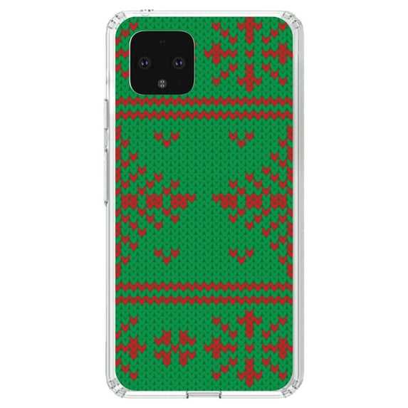 DistinctInk Clear Shockproof Hybrid Case for Google Pixel 4 (5.7" Screen) - TPU Bumper, Acrylic Back, Tempered Glass Screen Protector - Green Red Ugly Christmas Sweater - Christmas All Year