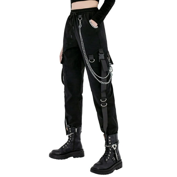 Black Cargo Pants for Women Techwear Women Loose Street Rock Style Casual Black Pants with Chain Goth Pants