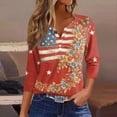 thumbnail image 2 of Women's Patriotic Star Print 250th Anniversary USA Shirt V-Neck Button 3/4 Sleeve T-Shirt, 2 of 6