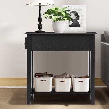 Gymax 2 Tier End Bedside Sofa Side Table Narrow Nightstand W Drawer Shelf Black Walmart Canada
