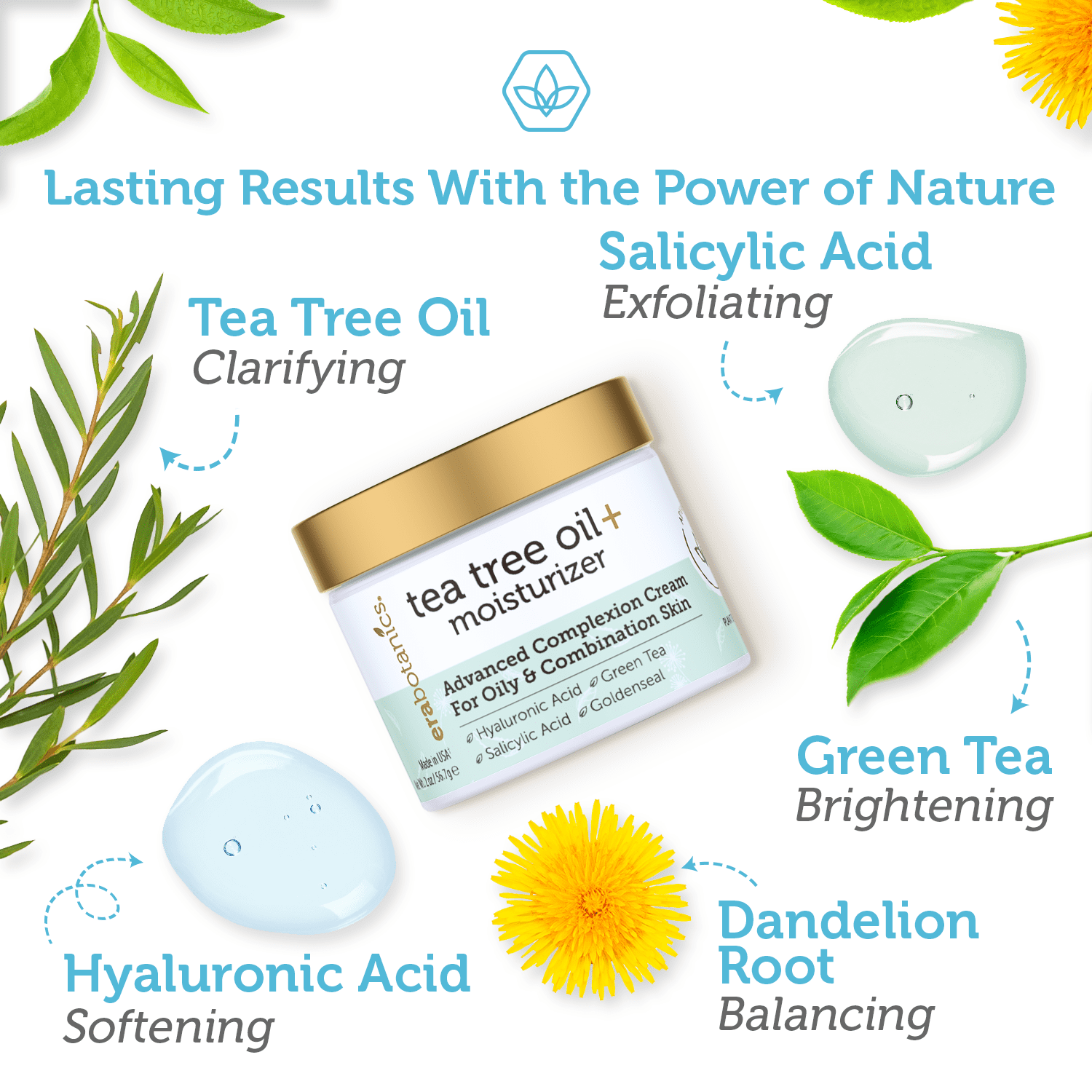 Era Organics Tea Tree Oil Face Cream - For Oily, Acne Prone Skin, Extra Soothing & Nourishing Non-Greasy Botanical Facial Moisturizer with 7X Ingredients For Rosacea, Cystic Acne, Blackheads & Redness