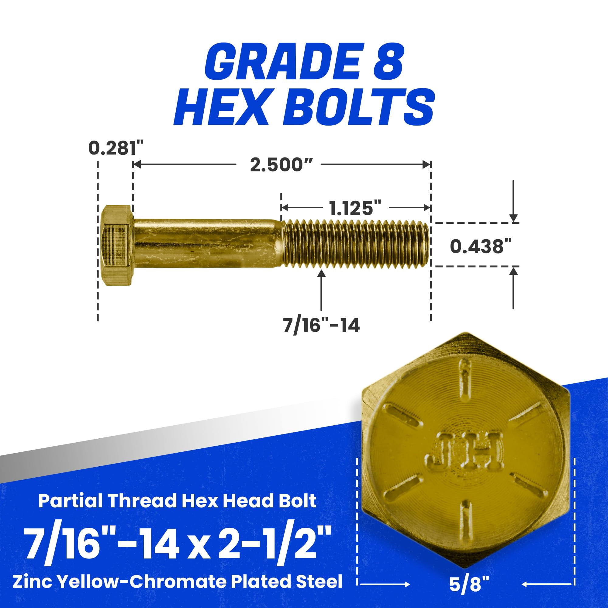 Fastenere 7/16"-14 x 2-1/2" Hex Bolts Grade 8 Zinc Yellow-Chromate Plated Steel, Partial Threaded Durable Hex Bolts for Machinery & Construction, Rust-Resistant, Heavy-Duty Fasteners, Pack of 10