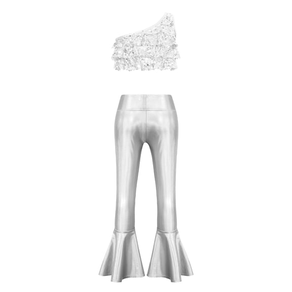 Haitryli Girls 2-piece Hip Hop Dance Set for Girls Sequined Crop Top with Bell-Bottom Pants Outfits for Jazz Cha Cha Stage Show Silver 6