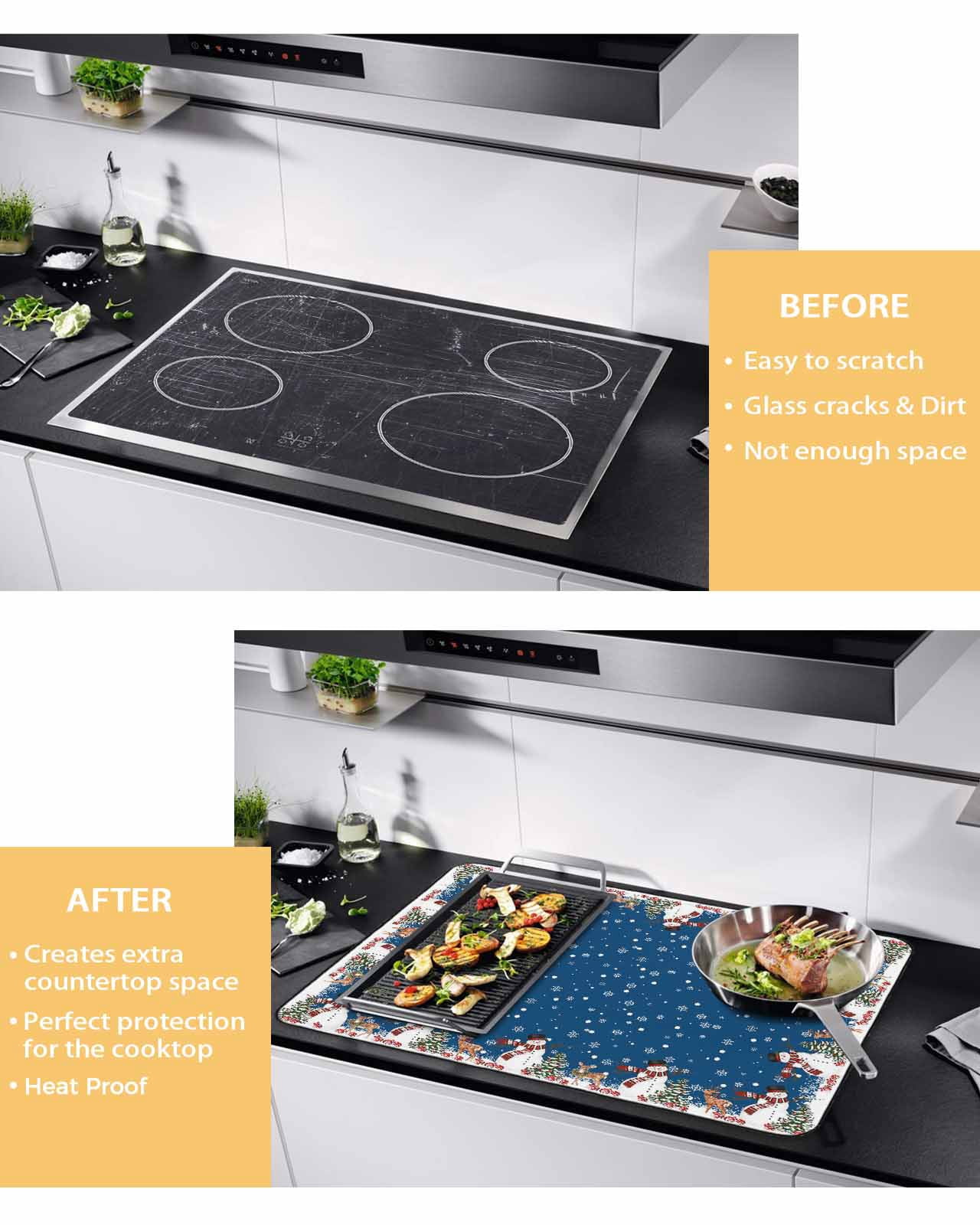 Large Induction Cooktop Protector Mat Christmas Blue Stove Top Covers for Electric Stove, Cute Snowman Xmas Tree Elk Winter Snowflakes Decorative Stove Burner Cover Mats, Glass Top Stove Cover