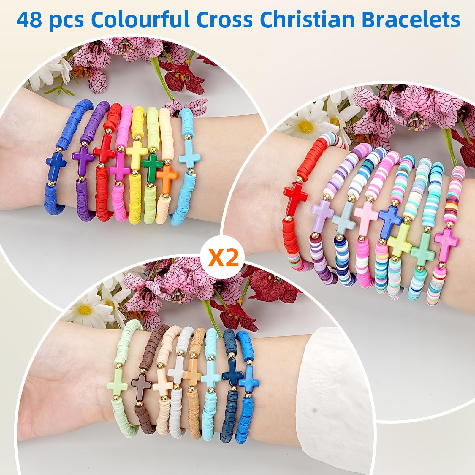 Cross Bracelets 48Pcs Bulk Jesus Bracelets Handmae Elastic Colorful Polymer Clay Beaded Wristbands Christian Bracelet for Women Sunday Inspirational Reminder Christmas Stocking Stuffer