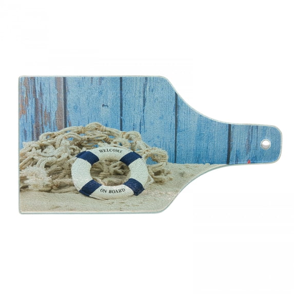 Coastal Cutting Board, Marine Theme Welcome Message on Beach Coastline Vintage Style Picture Print, Tempered Glass Cutting and Serving Board, Wine Bottle Shape, Eggshell Blue Red, by Ambesonne