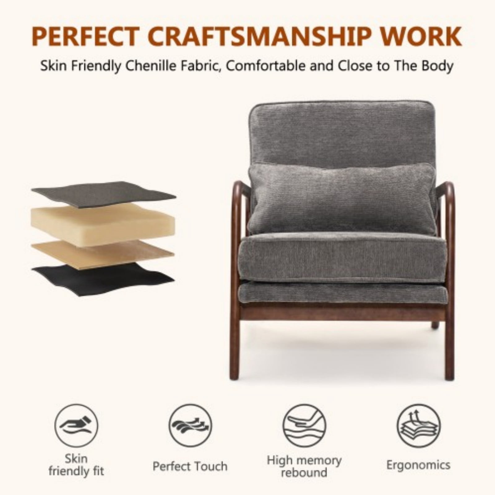 Mid-Century Modern Lounge Chair Single Upholstered Accent Chair with Curved Wood Armrests & Lumbar Cushion, Living Room Bedroom Reading Armchair Indoor, Dark Grey