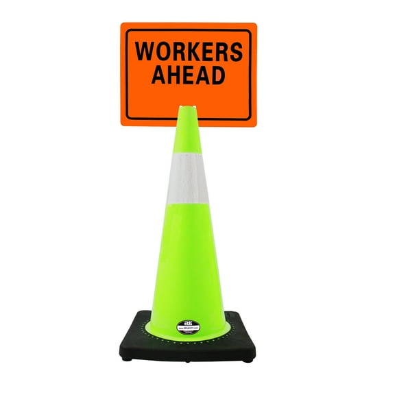 RK-Safety 28" Lime Cone, Black base With One 6" Reflective Tape, Plus Cone Sign 26 "Workers Ahead", (Cone-2 ea   Cone Sign-2 ea)