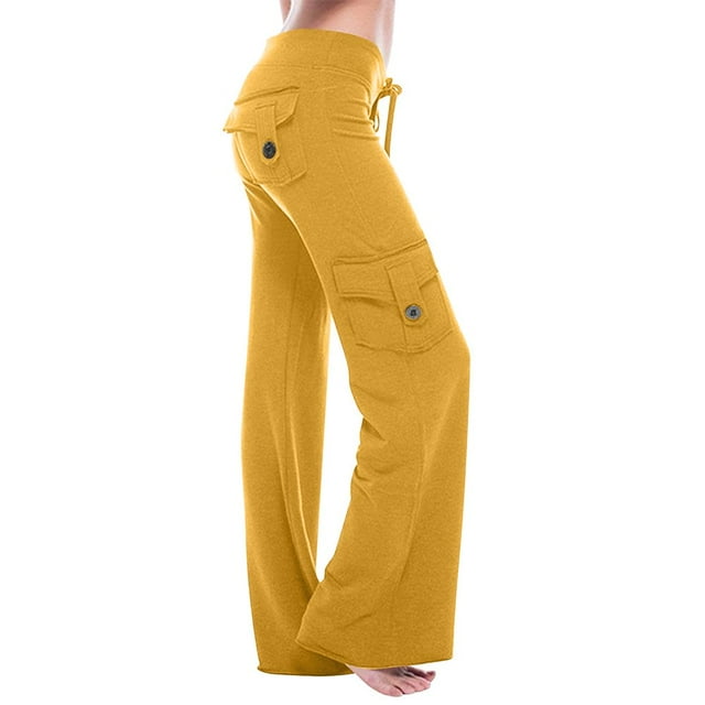 QJUHUNG Women‘s High Waist Casual Workout Wide Leg Cargo Pants with Pockets Button Stretch Leggings Gym Sweatpants