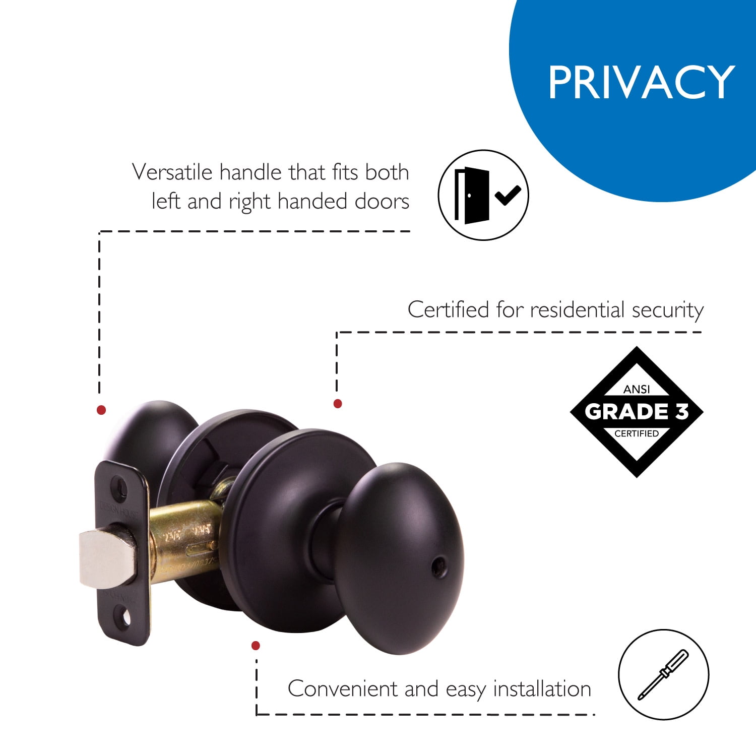 Design House Egg Privacy Bed and Bath Door Knob, Matte Black