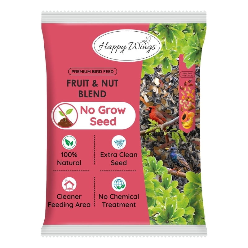 Happy Wings Nut & Fruit Blend Bird Food, Premium Blend of Sunflower Seeds, Safflower, Peanuts & Real Fruit and Nuts (4 Pounds) | No Grow | Wild Bird Seed