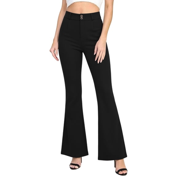 Htigea Women's Flared Leg Work Pants High Waist Buttons Zipper Fly Dressy Pant Solid Color Business Office Commute Trousers with Pockets Black S
