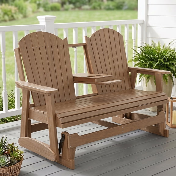 Poly Lumber Patio Glider with Foldable Cup Holders, Durable HIPS Material, All-Weather Resistant, High Backrest and Contoured Seat, Heavy Duty 900 LB, for Outdoor, Porch, Patio (Brown, 3-Seat)