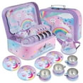 thumbnail image 1 of Jewelkeeper 15 Piece Kids Pretend Toy Tin Tea Set & Carrying Case - Cotton Candy Unicorn Design, 1 of 7