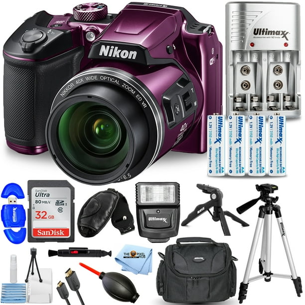 Nikon COOLPIX B500 Digital Camera (Purple) 26507IV Pro Bundle with 32GB SD, Flash, Tripods