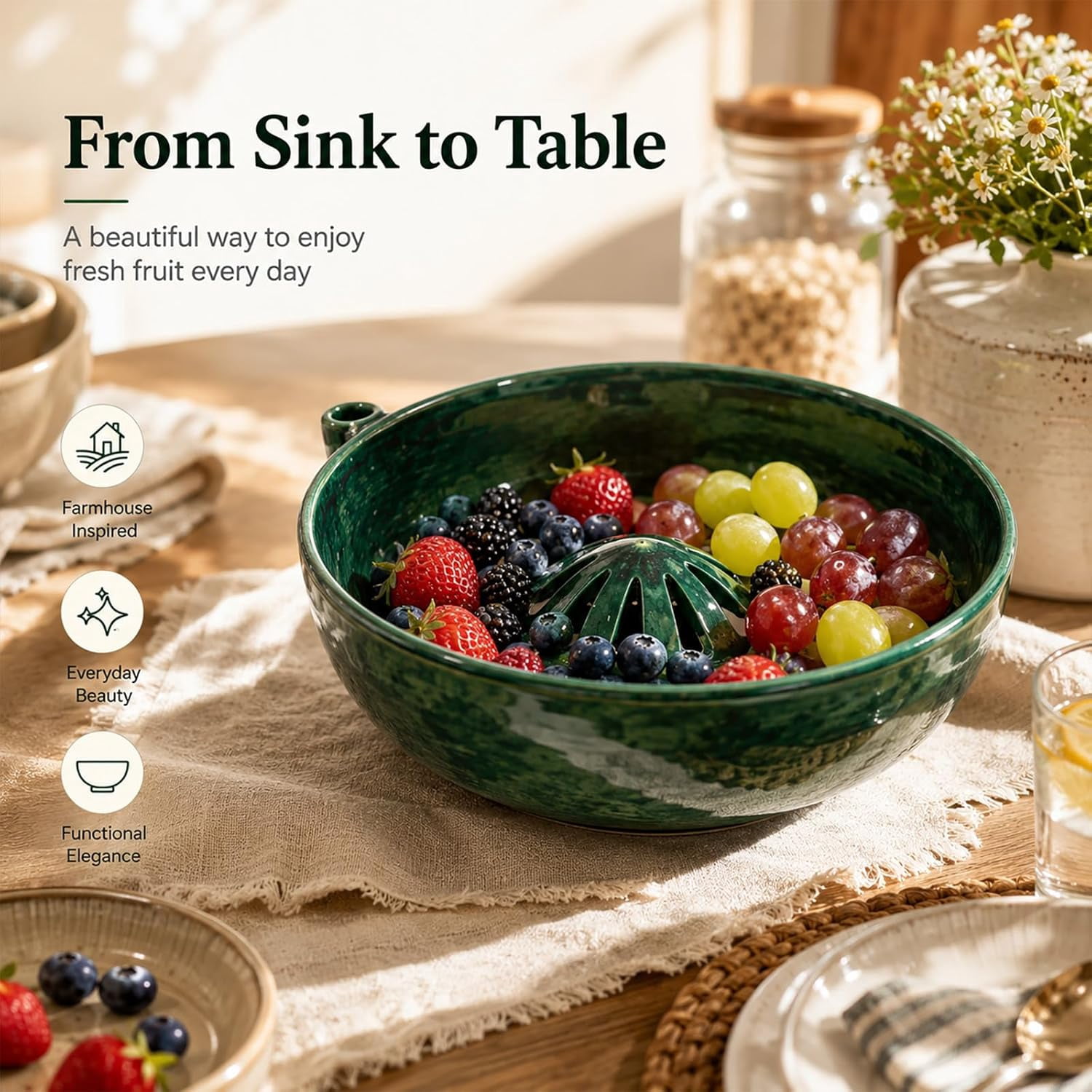 Ceramic Berry Washing Bowl with Water Vortex Design, Self Spinning Fruit Washer & Colander, Forest Green Glazed Berry Cleaner Bowl for Grapes, Blueberries, Strawberries & Small Produce (Green)