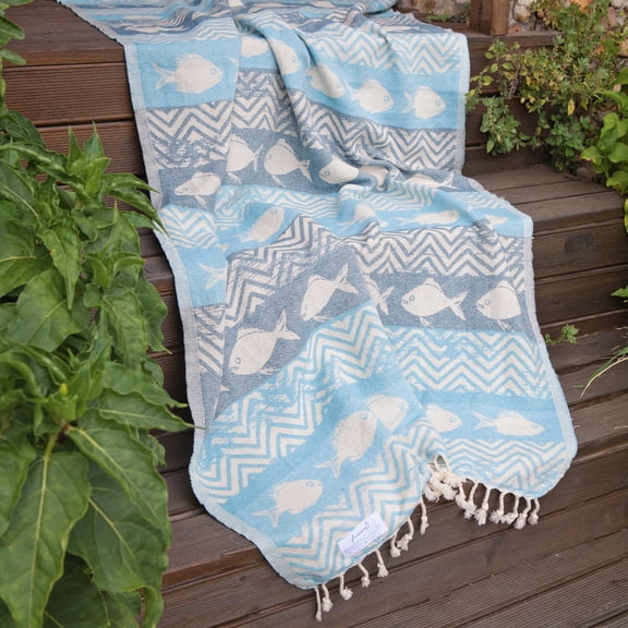 Anemoss Blue Fishes Turkish Beach Towel – 100x180 cm/39x70 inches