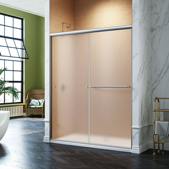 Sunny Shower Semi-Frameless Double Sliding Shower Enclosure in Brushed Nickel with Frosted Glass