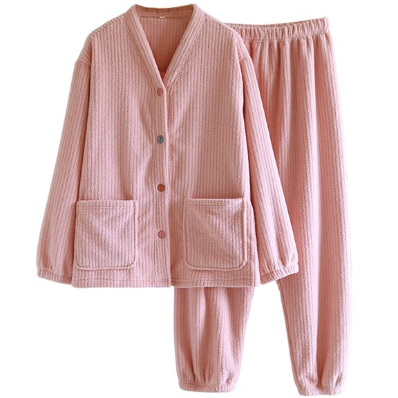 Women's Pajama Sets Fall Winter Cozy Warm Solid Button V-Neck Tops and Pants Outfits Fluffy Plush Loungewear with Pockets