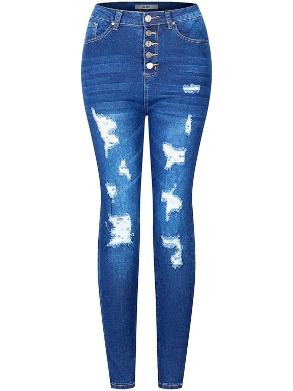 , Women's, High Waist High Rise Ripped Distressed 5 Pockets Skinny Comfy Jeans Button Closure, Medium Blue, 11