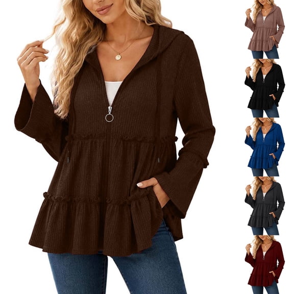 Women's Zip up Cardigan, Long Flare Sleeve Hooded Outwear, Fall Trendy Knitted Sweaters, Comfy Travel Commuting Casual Wear | VerBelle,Black L
