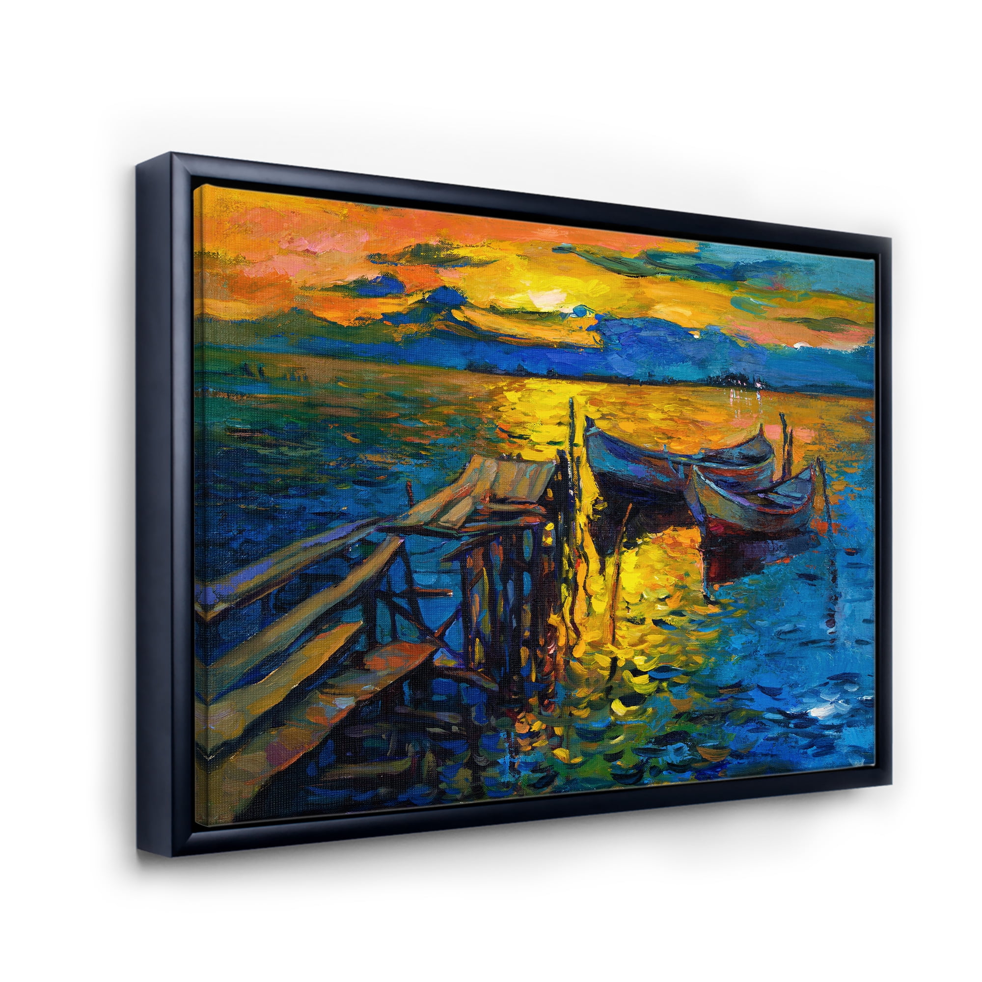 Designart 'Boat At The Lake During Evening Glow II' Nautical & Coastal Framed Canvas Wall Art Print