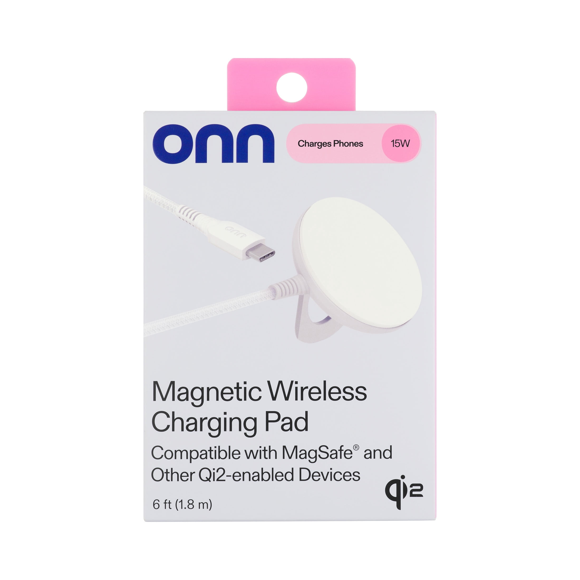 onn 15W Magnetic Wireless Charging Pad, Qi2 Certified, braided cable, White - Compatible with iPhone 17/16/15/14/13/12 series