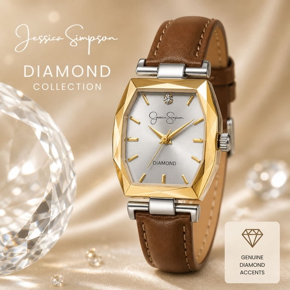 Jessica Simpson Diamond Collection Women's Dress Watch – Classic Quartz, Leather Band, Barrel Faceted Crystal Face, Elegant Timepiece