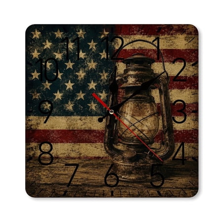 RKSupls 10×10inch Square Silent Wall Clock Wooden Frame, Lantern Flag Vintage Distressed Scale Decorative Clock for Home Bedroom Living Room Office