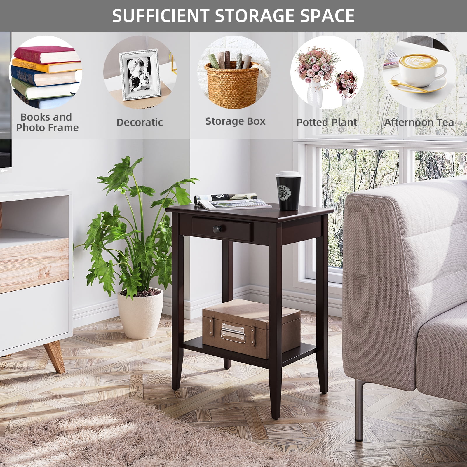 Side Table with Drawer Narrow End Tables with 2Tier Storage Shelves