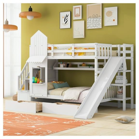 Twin Over Twin Castle Bunk Bed with Slide, 2 Drawers & 3 Shelves, White