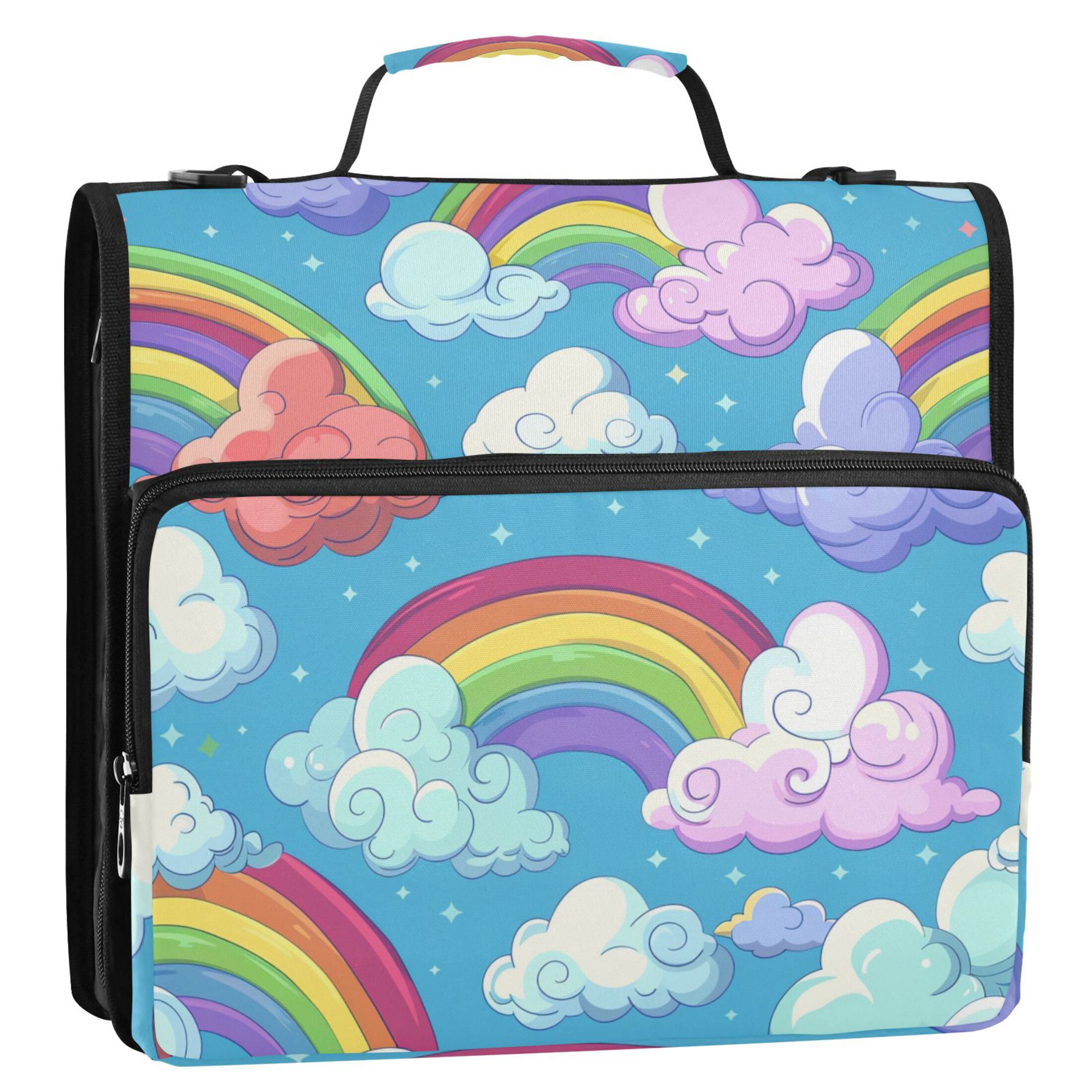 3 Ring Zipper Binder with Shoulder Strap Waterproof Trapper Keeper 2 Inch D-Ring 500 Sheets Capacity Cartoon Rainbow and Cloud