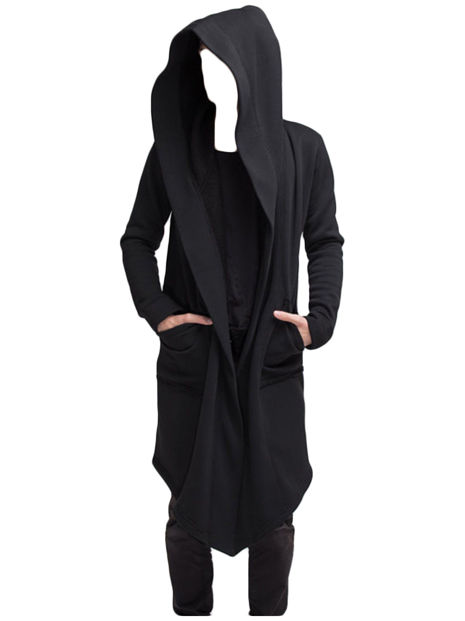 Men's Long Sleeve Hooded Cape Open Front Long Cardigan Outwear Cloaks Overcoats 
