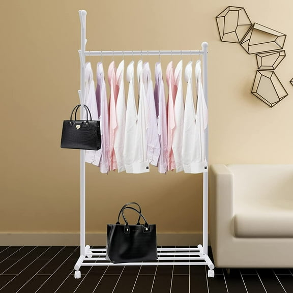 Miumaeov 3-in-1 Clothes Hanging Rack, Rolling Garment Free-standing Clothes Rack with Top Rod, Lower Storage and 5 Hooks, Lockable Wheels, Rolling Clothes Rack (White)