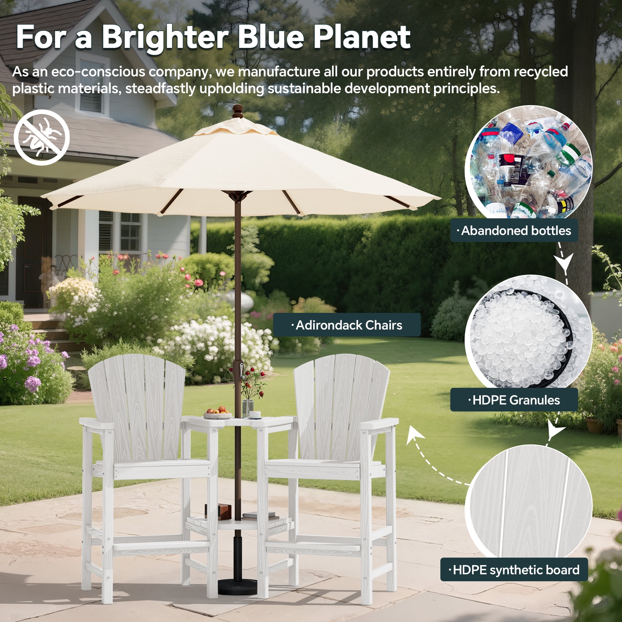 SERWALL Tall Adirondack Chairs Set of 4 with Double Layer Connecting Tray, HDPE Bar Height Outdoor Chairs, for Patio, Balcony, Porch, Pool, White