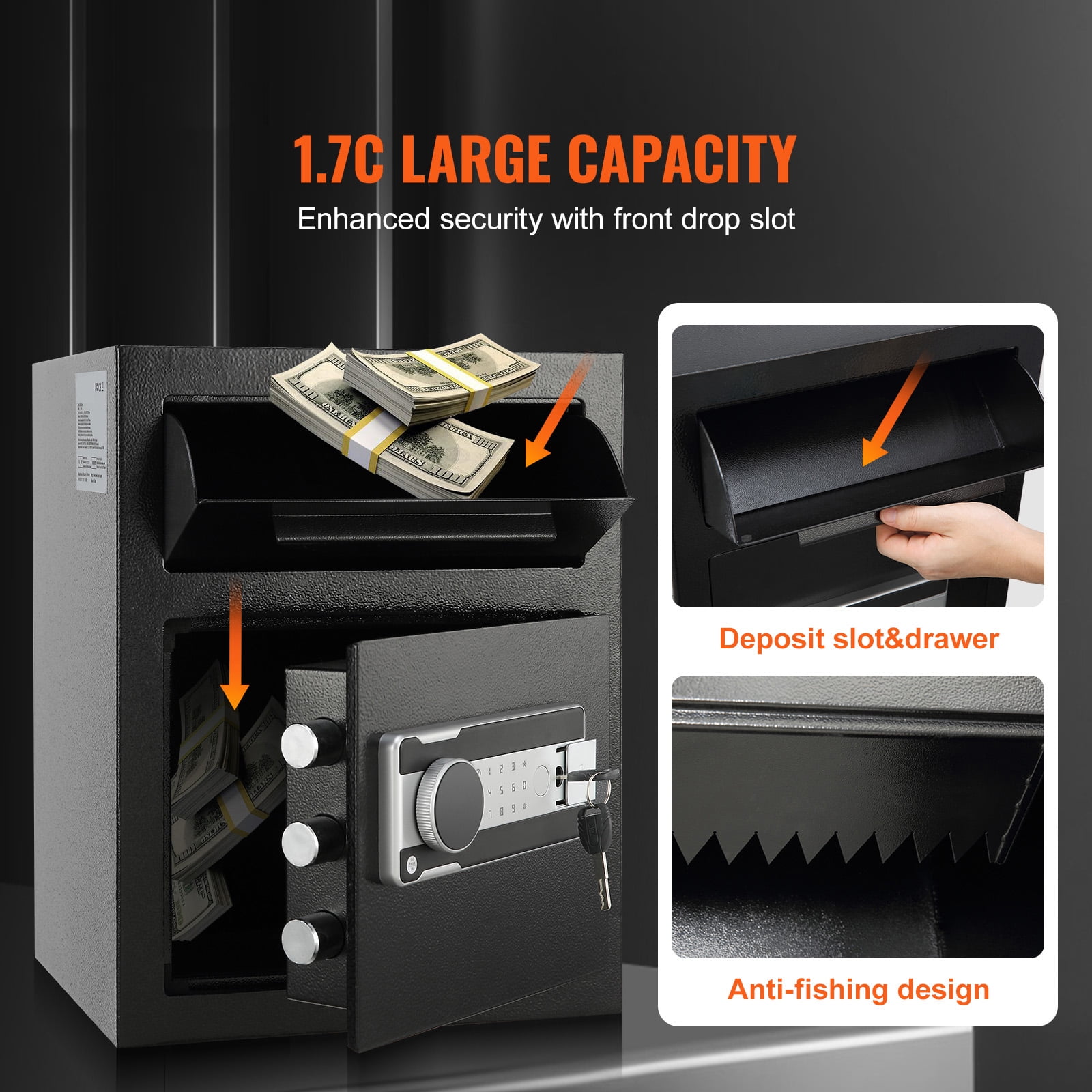 VEVOR 1.7 C Digital Depository Safe Deposit Safe Security Safe Box Made of Carbon Steel with Deposit Slot with Two Emergency Keys Depository Safe Box for Home Hotel Restaurant and Office