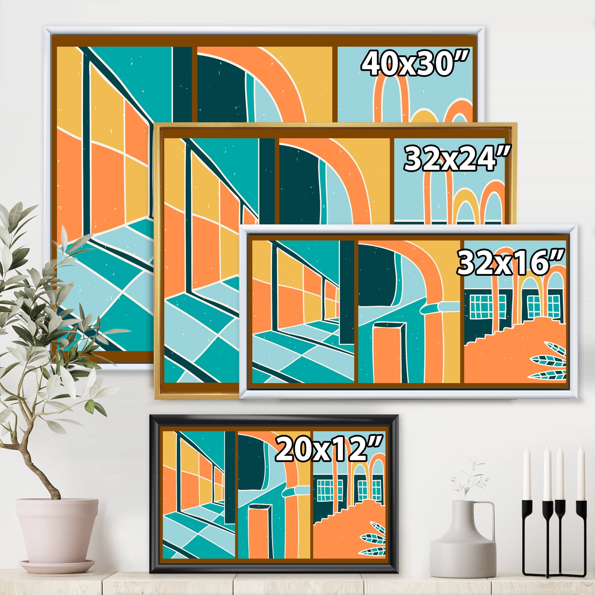 Designart 'Geometric Shapes Vintage Style Building Windows' Modern Framed Canvas Wall Art Print