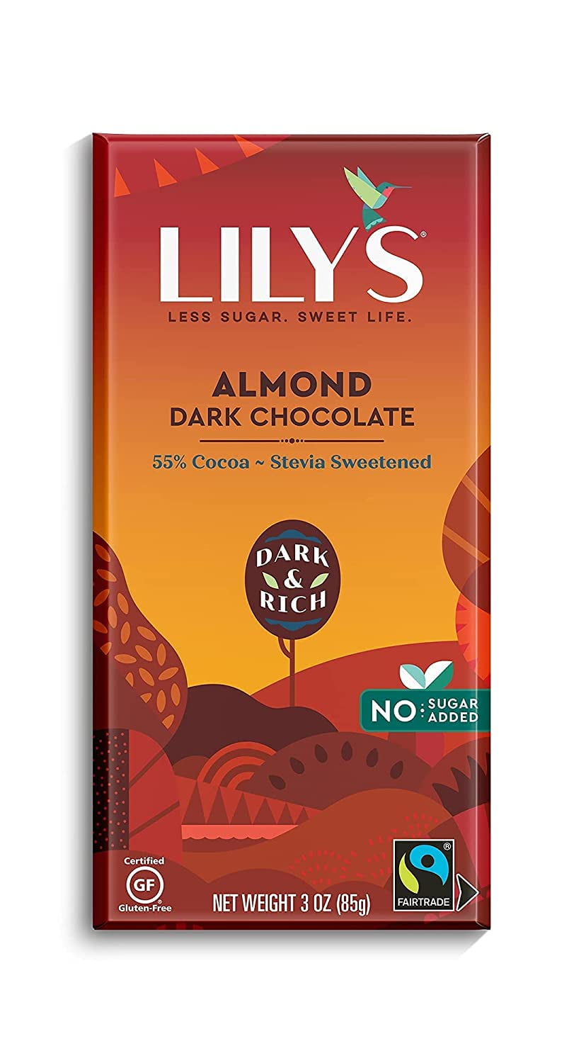 Almond Dark Chocolate Bar by Lily's | Made with Stevia, No Added Sugar, Low-Carb, Keto Friendly | 55% Cocoa | Fair Trade, Gluten-Free & Non-GMO Ingredients | 3 ounce