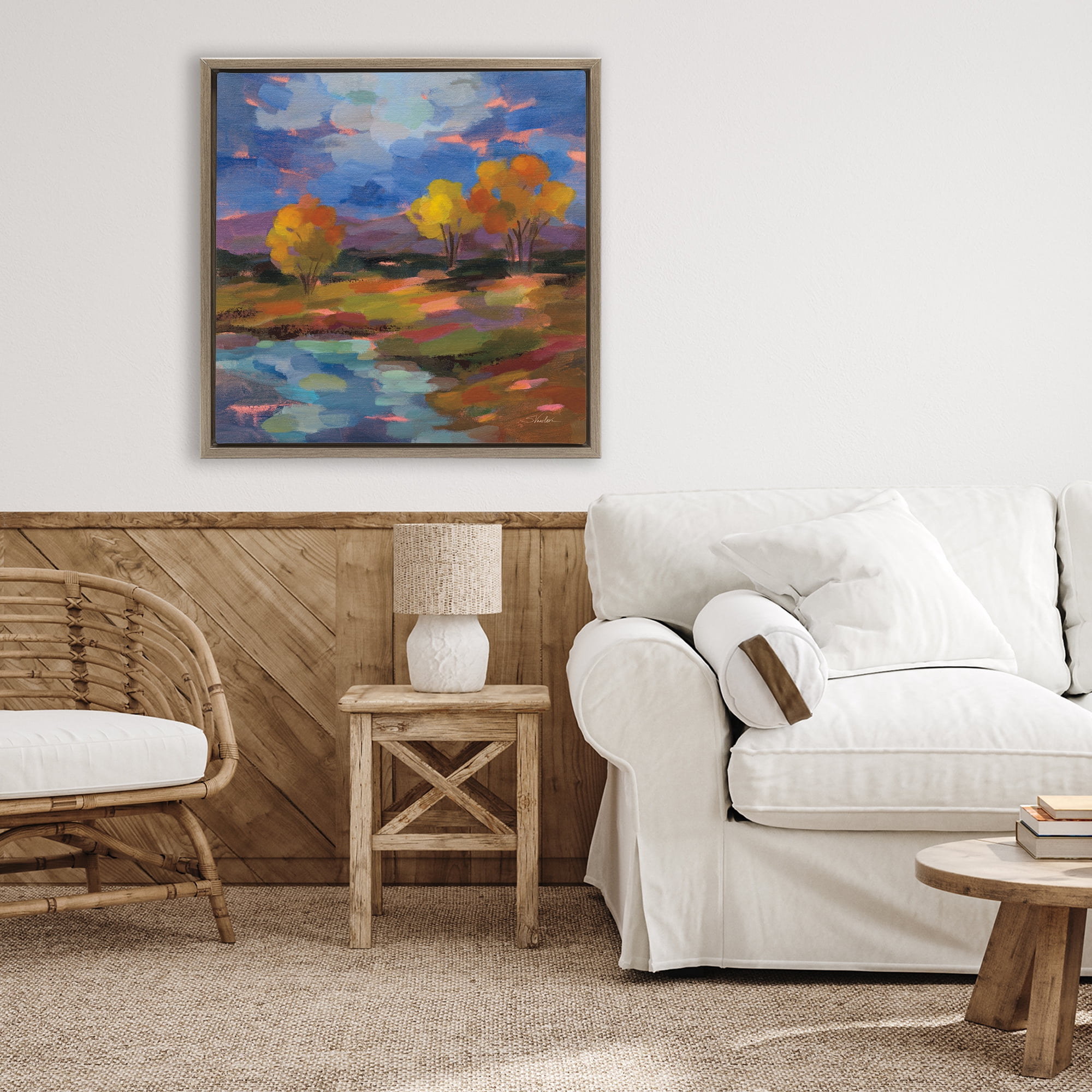 Stupell Industries October Glow Lakeside Reflection Brown Framed Floater Canvas Wall Art, design by Silvia Vassileva