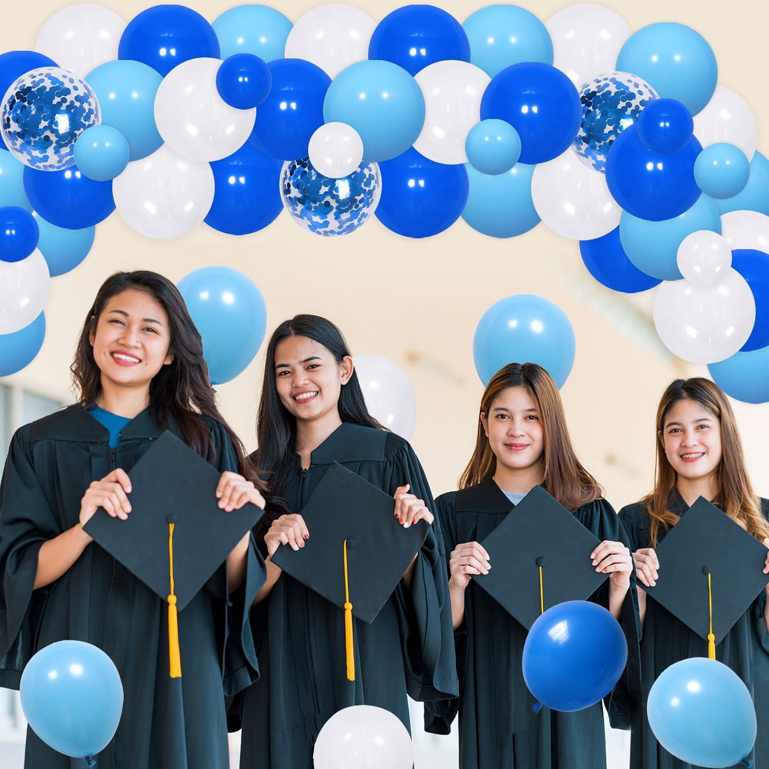 65Pcs Congrats Grad Decorations 2024, Light Blue Graduation Decor with Photography Backdrop Fireworks Bachelor Cap Little Star Printed Blue Wihte Black Balloon Garland Arch Kit for Class of 2024 Grad