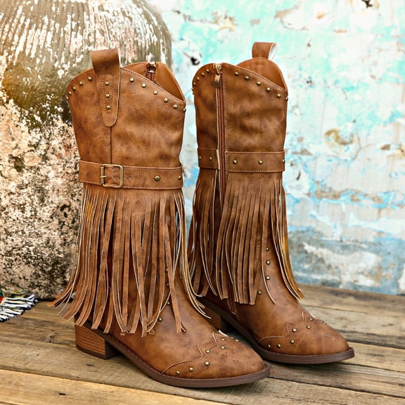 Women's Fringe Stud Chunky Heel Mid Calf Boots,Classic Pointed Toe Side Zipper Comfort Boots Retro Stacked Heel Western Cowgirl Cowboy Boots