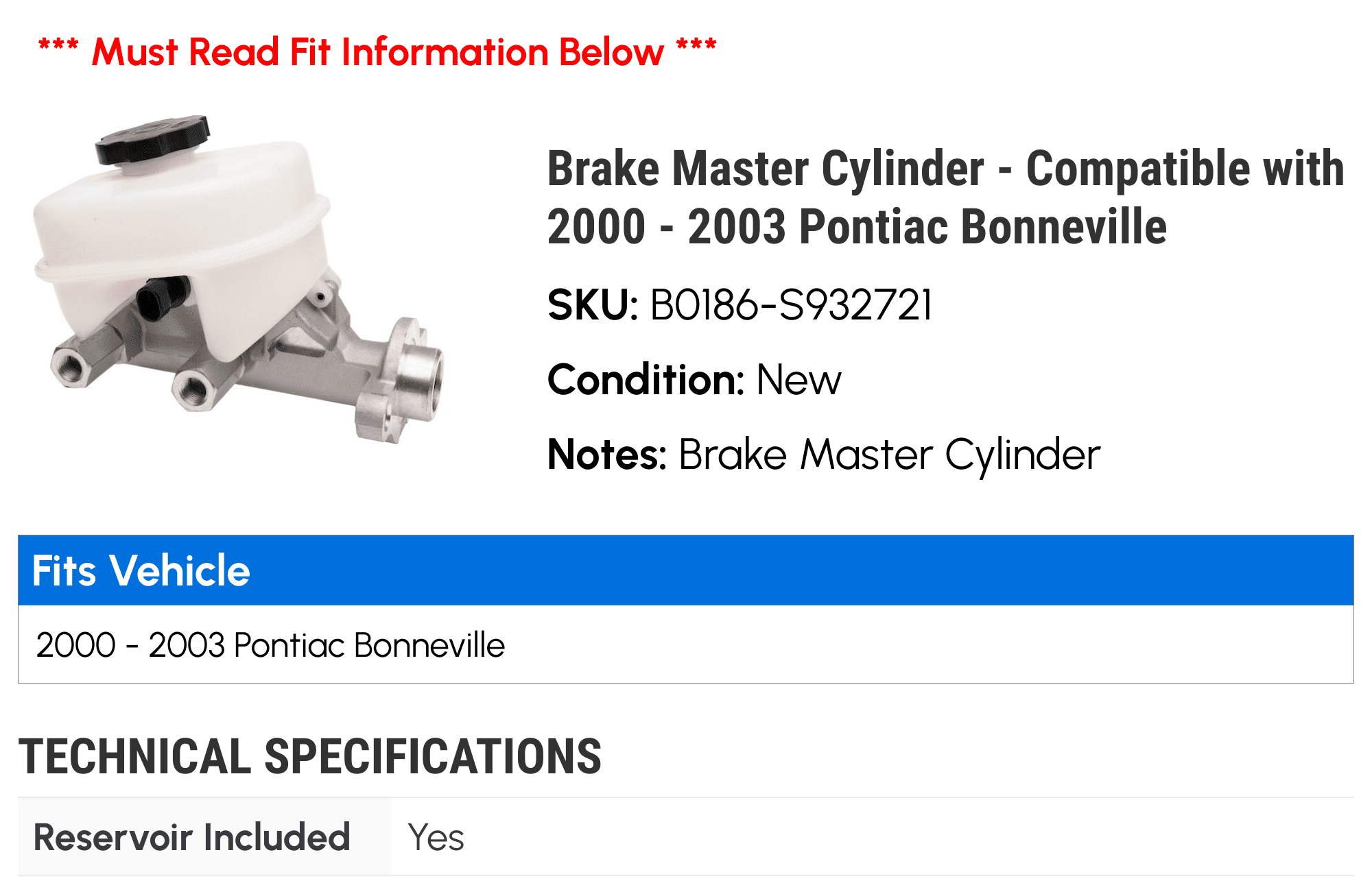 Brake Master Cylinder - Compatible with 2000 - 2003 Pontiac Bonneville - Dynamic Friction