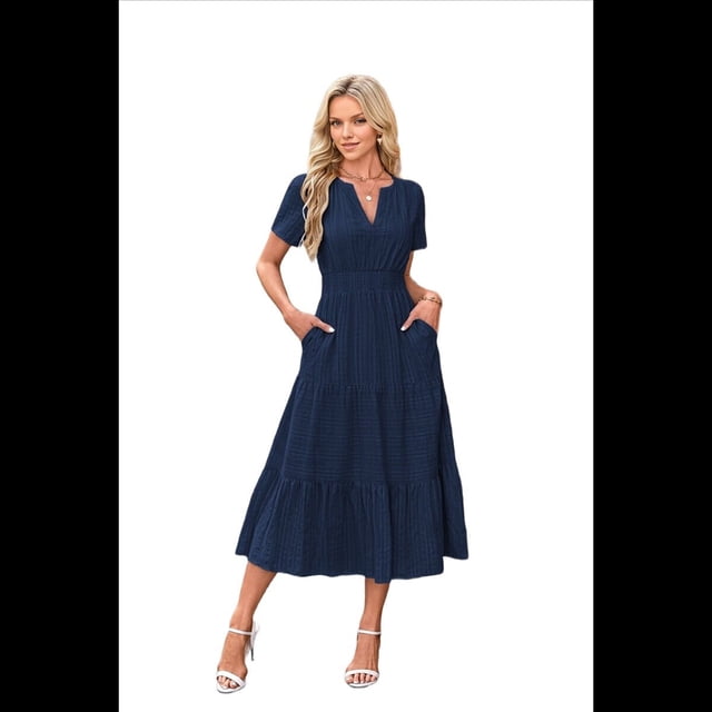 Vestido Plisado con Cuello en V y Mangas Abullonadas, Larga, Azul Marino, Talla XL