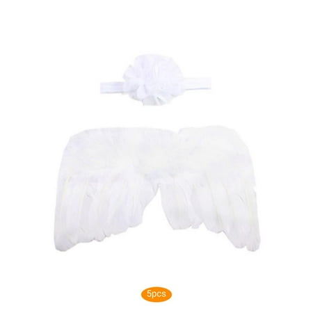 

5pcs Baby Newborn Solid Color Angle Suit Suit Clothes Wing Photograph Flower Headband Prop Infant Feather And