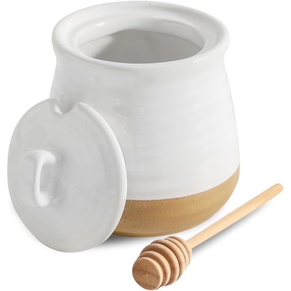 Tikooere Ceramic Honey Pot with Drip-Free Spout, 12oz Honey Dispenser, Microwave and Dishwasher Safe, White