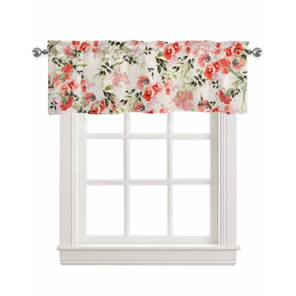 Farmhouse Flower Linen Curtain Valance for Bedroom/Bathroom/Kitchen/Office/Living/Dining Room Windows, Traditional Ink Painting Red Sage Leaf Rod Pocket Topper Decorative Cafe Drapes Panel 60"x18"