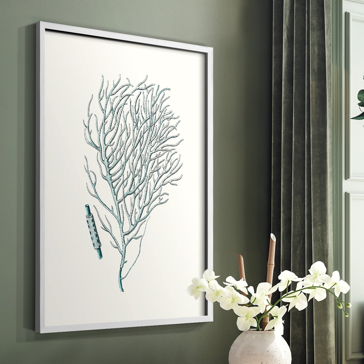 Antique Coastal Coral I Framed Print in White Solid Wood Framed Print No Nail Hanging