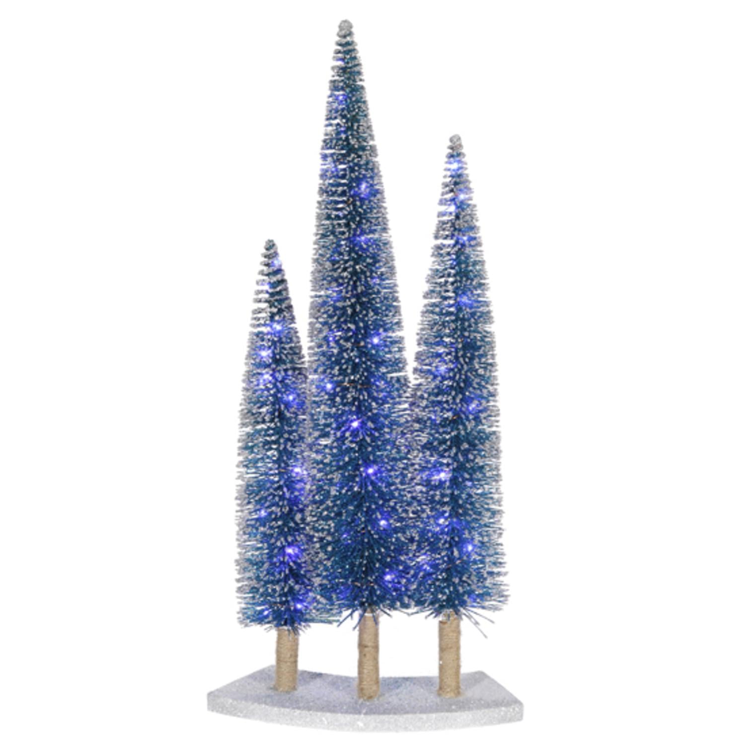 Glitzhome 14" christmas tree tabletop decoration multi Pre-Lit LED Blue Glitter Artificial Mini Village Christmas Tree Trio Set - Walmart.com